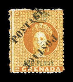 S.G. 29a, 1883 Half of 1p Orange bisect used as 12p, unsevered pair with type 12 POSTAGE surcharge, scarce unused example, bright color, fine 1986 RPS certificate (Scott 15a
$1,750.00).