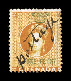 1883 1p Orange revenue with black manuscript provisional postage overprint, the unique unused example, deep vibrant color, fresh and fine.The 1883 manuscript Postage overprints
are among the rarest stamps of the British Commonwealth. For ye