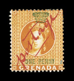 1883 1p Orange revenue with red manuscript provisional postage overprint, the only recorded unused example, strong vibrant color, faint horizontal crease of absolutely no
importance, fine.Like its black overprint counterpart offered in the pr