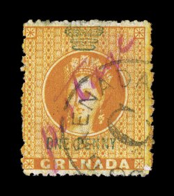 1883 1p Orange revenue with red manuscript provisional postage overprint, deep intense color, well centered for this, C in circle postmark of Sauteurs, which three of the five
recorded copies possess, very fine according to W. Danforth Wal