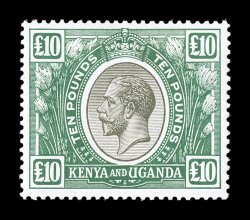 S.G. 100, 1922 £10 Black and green, excellent centering, lovely colors that are especially bright and rich on clean white paper, full fresh o.g. that has been lightly hinged
only once, very fine a particularly handsome example of this very scar