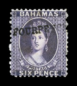 S.G. 45, 1883 Fourpence surcharge on 6p Deep violet, deeply rich color and a well incised impression, part o.g., h.r., very fine 1973 APS and 2008 BPA certificates (Scott 26
$625.00).