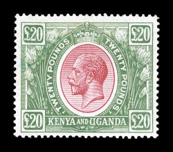 S.G. 101, 1925 £20 Red and green, a wonderfully choice mint example of this rarity, well centered, bright fresh colors, o.g., lightly hinged, very fine signed Buhler, Holcombe
and accompanied by a 1996 Brandon certificate (Scott 41B $17,500.0