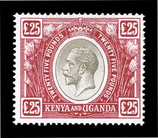 S.G. 102, 1922 £25 Black and red, a highly desirable mint example of this important British Africa rarity, possessing dazzling bright colors and gorgeous vivid impressions on
fresh white paper, o.g., lightly hinged, very fine 1987 BPA certifica