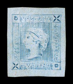 S.G. 39, 1859 2p Blue, worn impression, position 8, a spectacular unused single, sporting enormous margins all around, typical late color and impression, extremely fine a rare
stamp in this outstanding unused condition signed Calves and accomp