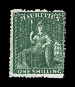 S.G. 55, 1862 1- Deep green, perforated 14 to 16, unused, deep intense color and impression, a fine example of this elusive stamp 2008 BPA certificate (Scott 23
$2,250.00).