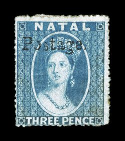 S.G. 40b, 1869 3p Blue, with 13 34mm Postage. overprint, unused, bright and fresh, fine a rather elusive stamp, especially unused 1997 Holcombe certificate (Scott 23
$1,900.00).