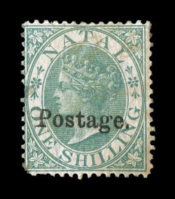 S.G. 49, 1869 1- Green, with 14 12 to 15 12mm Postage. overprint, an incredibly rare mint example, o.g., overall toning, thin spot at left and a few perforation defects,
nonetheless a very collectable copy, being the first mint example we