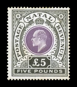 S.G. 144, 1902 £5 Mauve and black, very scarce mint single, attractive colors, o.g. that has been toned, fine appearance 2008 BPA certificate (Scott 98
$3,500.00).