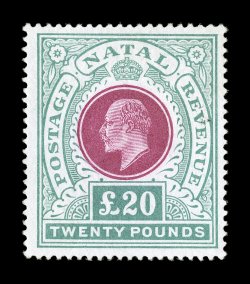 S.G. 145b, 1902 £20 Red and green, a seldom seen unused example of this high value rarity, nicely centered, attractive colors, regummed over a light horizontal crease, tiny ink
mark by V of Revenue, very fine appearance signed A. Diena and