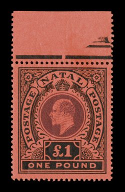 S.G. 171, 1908 £1 Purple and black on red, choice quality top sheet-margin single, exceptionally well centered, deep vibrant colors, fresh clean o.g., never hinged (faintly
hinged in the selvage only), extremely fine (Scott 116 for hinged $350