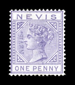 S.G. 35 var., 1883 Nevis 12d. violet surcharge on half of 1p Lilac mauve, unsevered pair, unused, rich fresh color, fine while the black 12p surcharge unsevered pair is listed
and priced in the catalogs (see next lot for an example), the vi