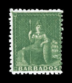 S.G. 36, 1861 (12p) Grass green, perforated 11 to 12, a remarkably fresh and attractive mint example of this important British West Indies rarity, possessing stunning color that
is incredibly deep and prooflike, razor-sharp impression on bright