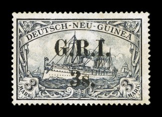 S.G. 14, 1914 3- on 3M Violet black, unused, paper just slightly toned, small thin spot, fine appearance a presentable example of this rare stamp, of which only 48 were printed
1976 APS and 2008 BPA certificates (Scott 14 $3,500.00).