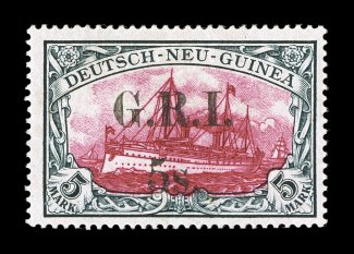 S.G. 15, 1914 5- on 5M Carmine and black, well centered, strong bright colors, o.g. that is slightly toned, light vertical crease, very fine appearance one of the key G.R.I.
rarities, with only 35 stamps printed 2008 BPA certificate (Sc