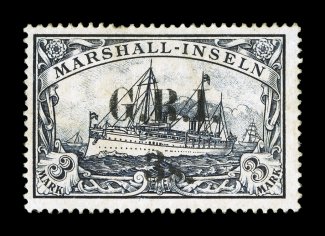 S.G. 61, 1914 3- on 3M Violet black, unused example of this rarity, attractive rich color, fine only 45 3M stamps were surcharged 2008 BPA certificate (Scott 41
$4,000.00).