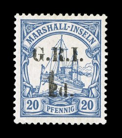 S.G. 64, 1915 1 surcharge and G.R.I.2d. surcharge on 20pf Ultramarine, extraordinarily fresh mint example, deep vibrant color on especially bright paper, excellent centering,
o.g., trivial corner crease at bottom left, very fine only 50