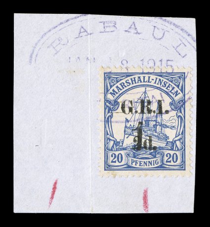 S.G. 64, 1915 1 surcharge and G.R.I.2d. surcharge on 20pf Ultramarine, a highly desirable used example, tied to piece by large part of Rabaul violet oval cancel, well centered,
exceedingly fresh, very fine 1985 Holcombe certificate (Scott