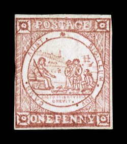 S.G. 3, 1850 1p Reddish rose, unused, three full margins, just touching the frame line at one point on the left side, fine impression, regummed, tiny repair at top that is
almost undetectable, fine appearance a stamp that is almost never offere