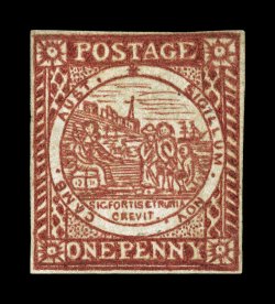 S.G. 11, 1850 1p Dull carmine on greyish paper, re-engraved Plate I, rare unused example, mostly full to close margins all around, rich color and an unusually strong
impression, light pressed out vertical crease that ends in a tiny repair at top