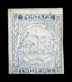 S.G. 36, 1851 2p Ultramarine, plate V, position 3, unused (no gum), four margins ranging from a huge top sheet margin to close at bottom, typical late color and impression, a
couple faint toned specks and a tiny trace of a corner crease at botto