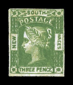 S.G. 87a, 1854 3p Yellow green, WACES with center bar of first E missing, position R 47, four full to large margins, sumptuously rich color and a well incised impression, faint
lightened toned spot at top, still a very fine example of this
