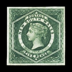S.G. 88, 1854 5p Dull green, imperforate, an especially handsome example of this scarce and often faked stamp, with large even margins all around, deep luxuriant color and a
razor-sharp impression on fresh paper, extremely fine and choice 1977