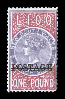 S.G. 240a, 1886 £1 Lilac and claret, perf. 12, overprinted POSTAGE in black, bright vibrant colors and crisp impressions, typical centering for this very scarce and difficult
stamp, o.g., fine 2008 BPA certificate (Scott 74 $5,500.00).