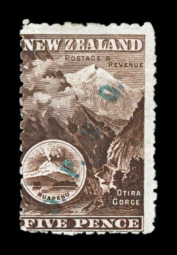 S.G. O17a, 1891 5p Purple brown, with green O.P.S.O. overprint, strong color, o.g., minor gum wrinkle, fine clear 1992 Brandon certificate not priced mint in Gibbons or Scott
(Scott O15).