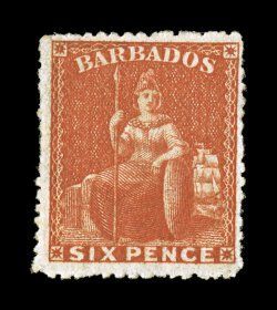 S.G. 46, 1870 6p Orange vermilion, especially deep rich color, full o.g., small crease at left, certificate states oxidized which has since been removed, very fine appearance
2008 BPA certificate (Scott 27 $1,000.00).