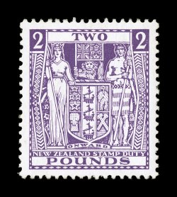 S.G. F162, 1933 £2 Bright purple postal fiscal, Cowan paper, perfectly centered, strong bright color on fresh white paper, o.g., faintly hinged, extremely fine 1978 PF
certificate (Scott AR63 $400.00).