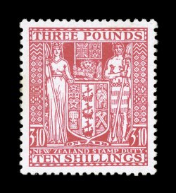 S.G. F165, 1935 £3 10- Rose postal fiscal, Cowan paper, a highly desirable mint example of this elusive stamp, perfectly centered, lovely bright color on fresh white paper,
o.g., lightly hinged, extremely fine 1967 RPS certificate (Scott AR66