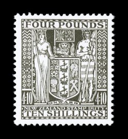 S.G. F167, 1935 £4 10- Deep olive grey postal fiscal, Cowan paper, rich luxuriant color and a crisp impression on immaculate white paper, well centered, o.g., lightly hinged,
very fine a brilliant example of this scarce postal fiscal 2008 BPA