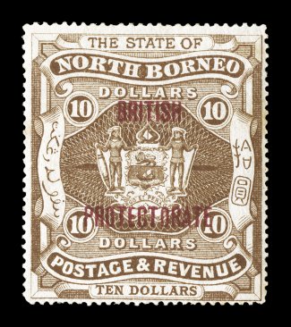 S.G. 184-85, 1912 $5.00 Dull purple and $10.00 Brown with British Protectorate overprints in red, both with fresh color, o.g. that has been toned as typically found, the toning
just barely coming through a couple perf. tips on the $10.00 stamp