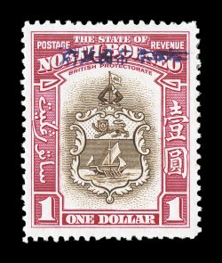 S.G. J13, 1942 $1.00 Brown and carmine with Japanese Occupation handstamp, well centered, attractive colors, o.g., lightly hinged, very fine 1968 RPS certificate (Scott N13
$300.00).