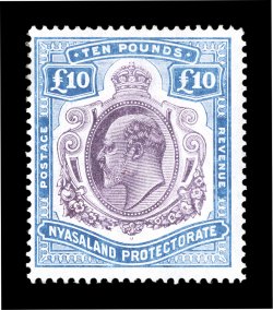 S.G. 82, 1908 £10 Purple and ultramarine, exceedingly bright colors on pristine white paper, o.g., lightly hinged, current certificate mentions a small adherence which has
since been removed, fine a desirable example of this rarity from the Kin