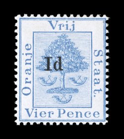 S.G. 59, 1890 1d type c surcharge on 4d Ultramarine, a rare mint example, strong rich color on pristine white paper, o.g., lightly hinged, very fine (Scott 33
$1,300.00).