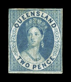 S.G. 2, 1860 2p Blue, exceedingly rare mint example, close to full margins all around, rich color, o.g., h.r., faint stain at top and tiny thin speck, very fine appearance 1988
PF certificate ex-Passano (Scott 2 $8,750.00).