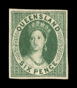 S.G. 3, 1860 6p Green, large even margins all around, deep color and a highly detailed impression, accompanied by a BPA certificate stating regummed, has been variously
repaired, without specifying whether unused or not, in our opinion this is