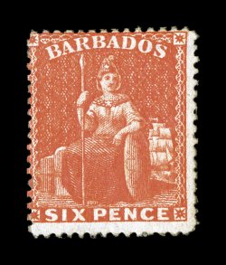 S.G. 53, 1872 6p Orange vermilion, clean cut perforated 14 12 to 15 12, especially deep and vibrant color, redistributed o.g., a fine example of this elusive stamp 2008 BPA
certificate (Scott 31 $750.00).