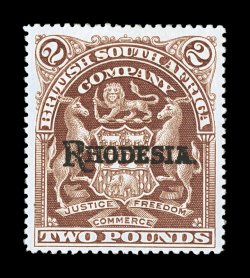 S.G. 113c, 1909 £2 Brown on bluish paper, an exceptionally choice mint example of this rare stamp, remarkably fresh, with rich luxuriant color and a well incised impression on
bright paper, well centered and margined, o.g., lightly hinged, very