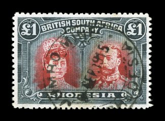 S.G. 166a, £1 Crimson and slate black, a seldom seen used example of this scarce shade, well centered, deep vibrant colors on fresh paper, neatly struck Jumbo Mine c.d.s., very
fine 2008 BPA certificate (Scott 118 var.).