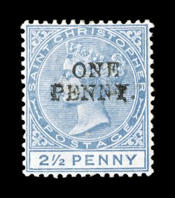 S.G. 27, 1888 ONE PENNY. surcharge without bar on 2 12p Ultramarine, position 20, bright color, well centered, full original gum, very fine and choice.This rarity came about
when one sheet of twenty 2 12p stamps was surcharged with the fir