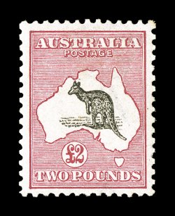 S.G. 16, 1913 £2 Black and rose, well centered, rich colors, full o.g., relatively lightly hinged, a very fine example of this popular high value Kangaroo (Scott 15
$5,000.00).