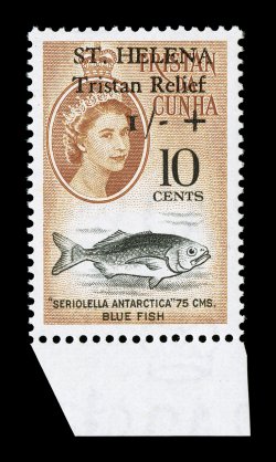 S.G. 172-75, 1961 3p to 1- Tristan Relief surcharges cplt., a beautifully matched set of bottom sheet-margin singles, each being from position 52, extraordinarily well
centered, wonderfully bright and fresh, o.g., never hinged, extremely fine