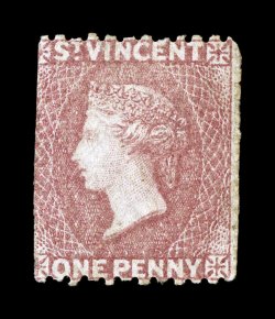 S.G. 10, 1866 1p Rose red, perf. 11 to 12 12 x 14 to 16, rarely seen unused example, warm rich color, typical centering, with the perfs. into the design at left, tiny trace of
a thin speck, otherwise fine (Scott 11 $6,500.00).