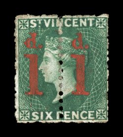 S.G. 28a, 1880 1d surcharge on half of 6p Blue green, unsevered pair, strong rich color, o.g., h.r., tiny thin spot, otherwise fine for this very scarce unsevered pair clear
1981 APS certificate and a 2008 BPA certificate (Scott 30a $1,250.