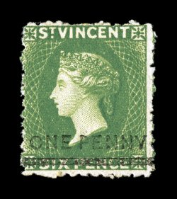 S.G. 34, 1881 One Penny surcharge on 6p Bright green, rich luxuriant color, o.g., exceptionally fresh and fine 1974 APS and 2008 BPA certificates (Scott 32
$550.00).