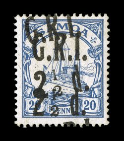 S.G. 104e var., 1914 G.R.I. 2 12d. Surcharge on 20pf Ultramarine, double surcharge and no fraction bar (Gibbs 4da), with the second overprint misplaced as usual, o.g., lightly
hinged, very fine this rare combination of a double overprint a