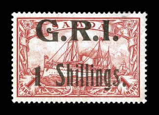 S.G. 110, 1914 G.R.I.1 Shillings. surcharge on 1M Carmine, nicely centered, strong color, o.g., tiny trace of a thin speck, otherwise very fine a rare stamp with only 100
printed 1970 RPS certificate (Scott 110 $3,000.00).